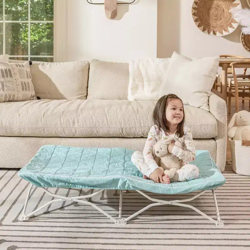 Portable Toddler Cot with Quilted Waterproof Sheet – Metal Frame, Light Green