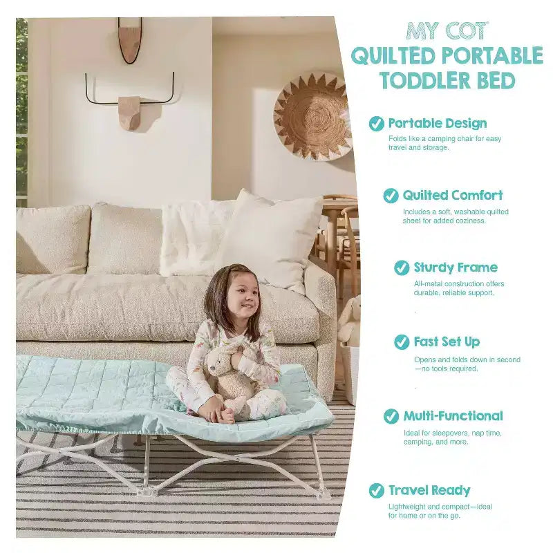 Portable Toddler Cot with Quilted Waterproof Sheet – Metal Frame, Light Green