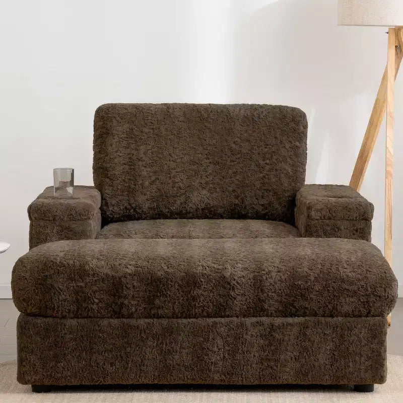 Indoor Oversized Chaise Lounge: Faux Rabbit Fur Sofa Bed with Storage, Armrests, Cup Holders - Perfect Reading Couch for Living Room or Bedroom