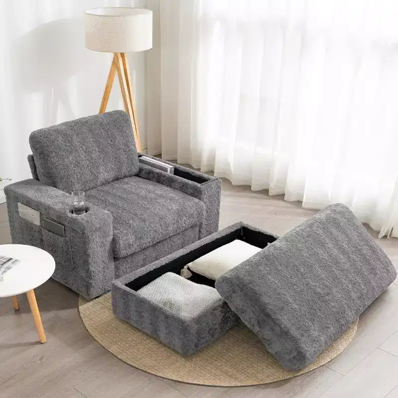 Indoor Oversized Chaise Lounge: Faux Rabbit Fur Sofa Bed with Storage, Armrests, Cup Holders - Perfect Reading Couch for Living Room or Bedroom