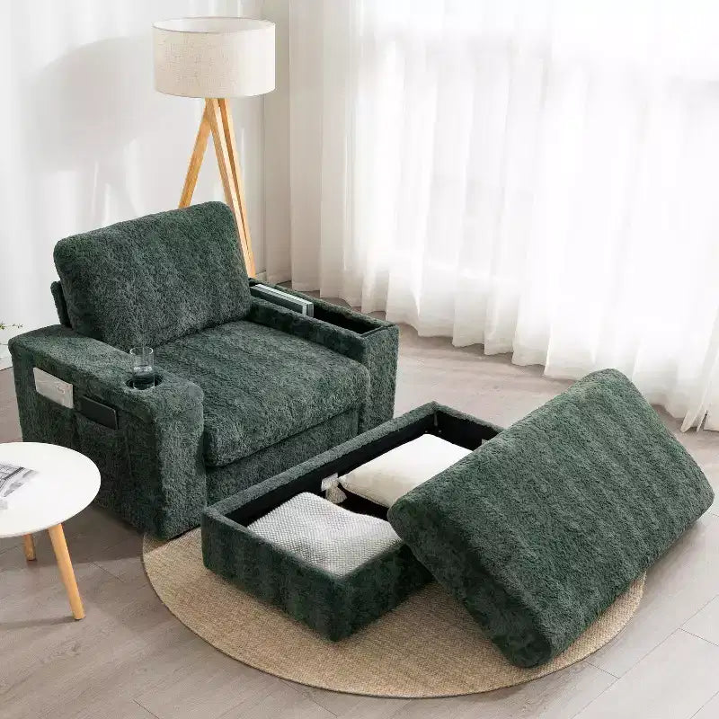 Indoor Oversized Chaise Lounge: Faux Rabbit Fur Sofa Bed with Storage, Armrests, Cup Holders - Perfect Reading Couch for Living Room or Bedroom
