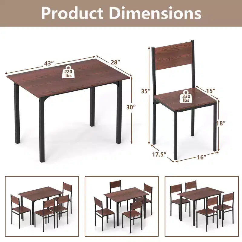 5-Piece Industrial Style Dining Table Set for 4 – Gray, Brown or Dark Brown