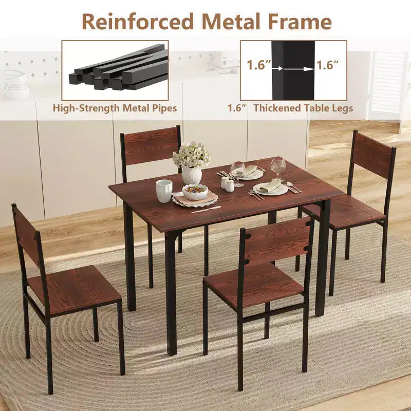 5-Piece Industrial Style Dining Table Set for 4 – Gray, Brown or Dark Brown