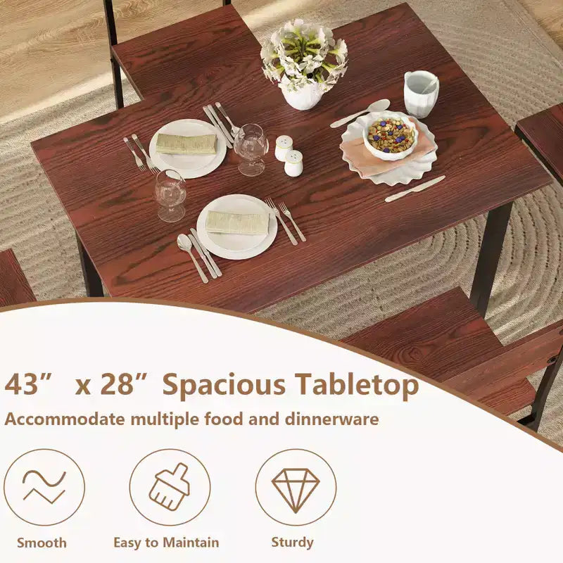 5-Piece Industrial Style Dining Table Set for 4 – Gray, Brown or Dark Brown