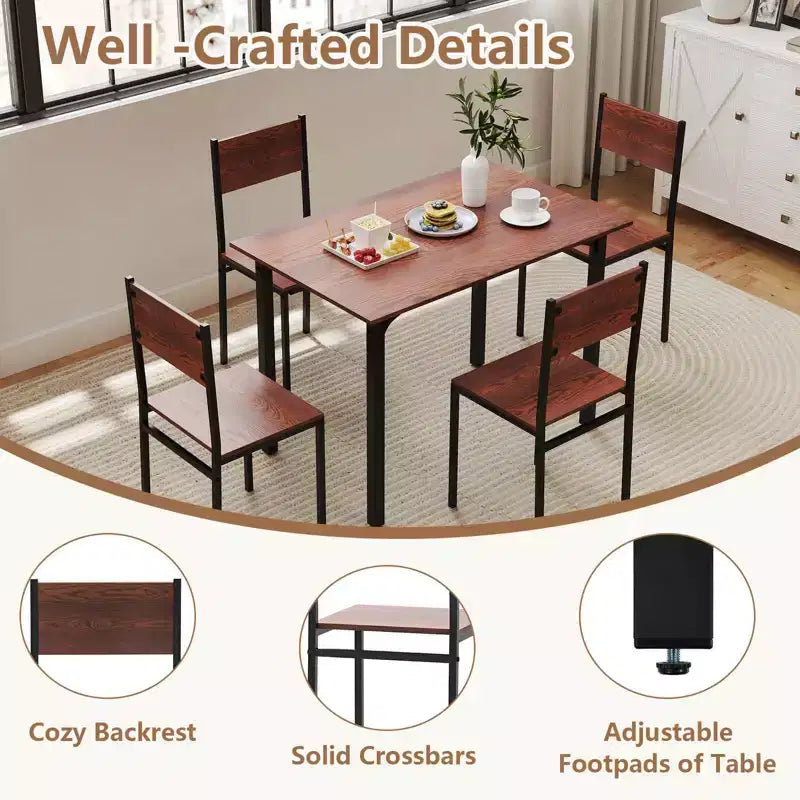 5-Piece Industrial Style Dining Table Set for 4 – Gray, Brown or Dark Brown