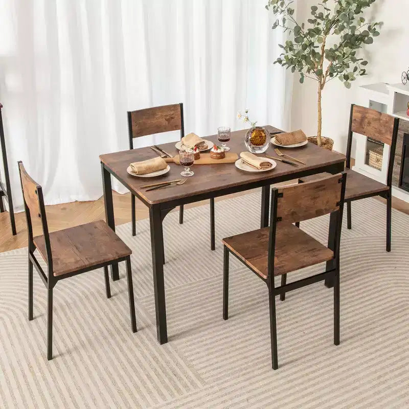 5-Piece Industrial Style Dining Table Set for 4 – Gray, Brown or Dark Brown