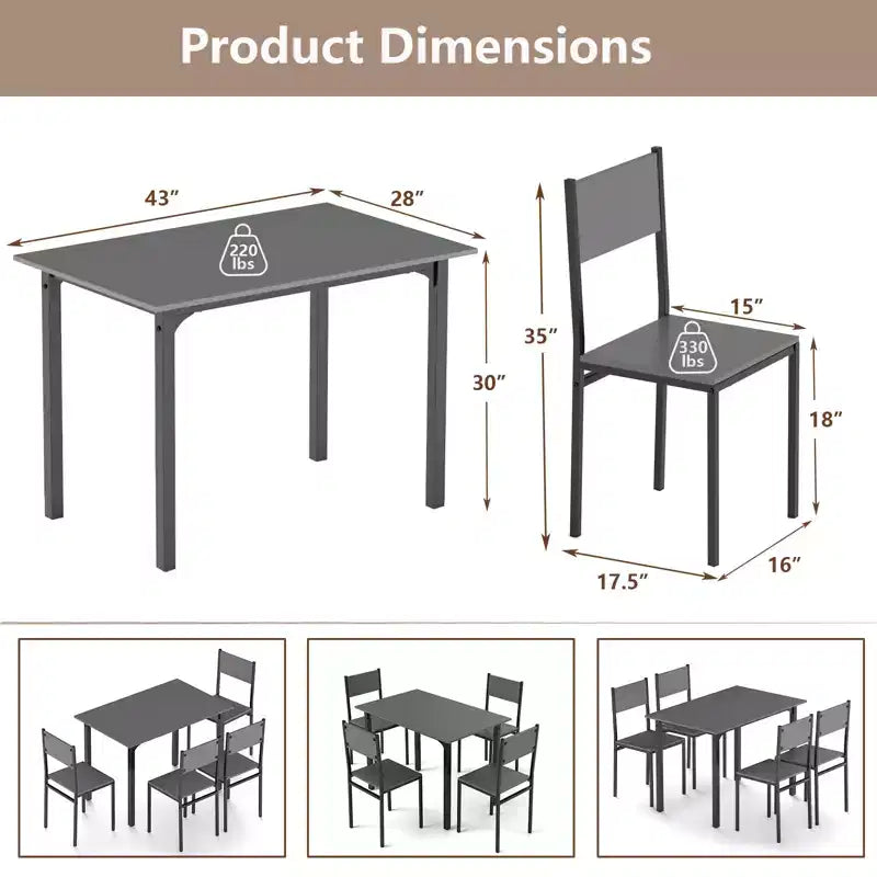 5-Piece Industrial Style Dining Table Set for 4 – Gray, Brown or Dark Brown