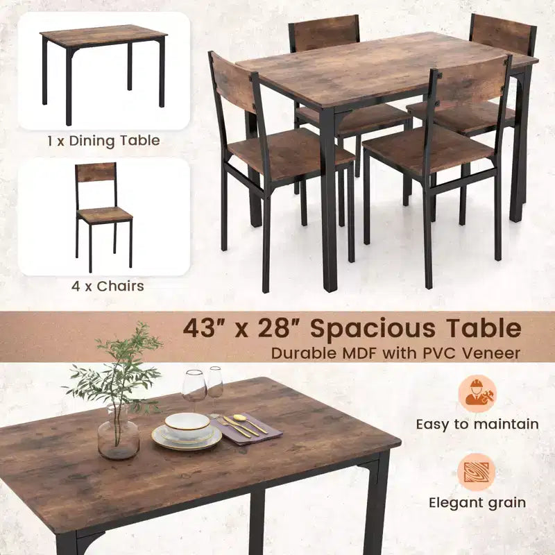 5-Piece Industrial Style Dining Table Set for 4 – Gray, Brown or Dark Brown