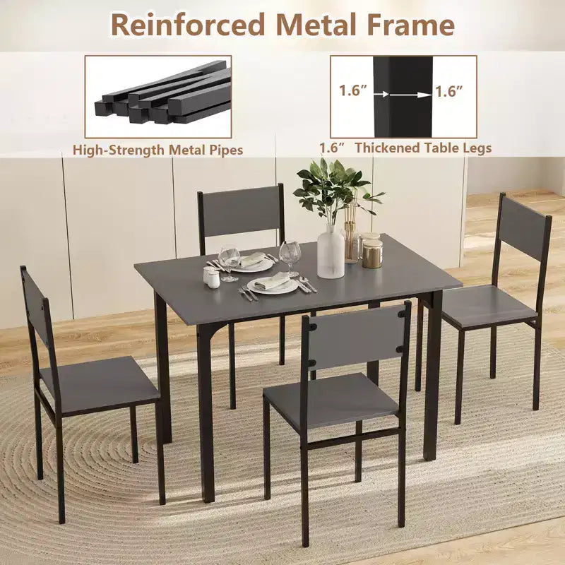 5-Piece Industrial Style Dining Table Set for 4 – Gray, Brown or Dark Brown
