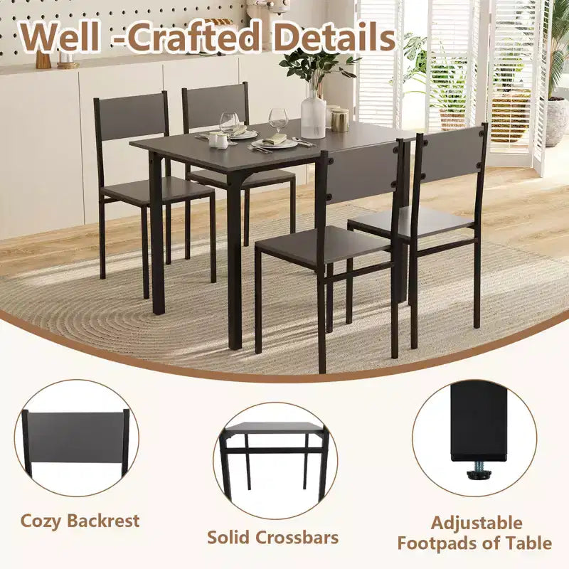 5-Piece Industrial Style Dining Table Set for 4 – Gray, Brown or Dark Brown