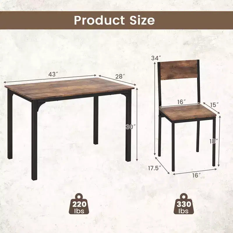 5-Piece Industrial Style Dining Table Set for 4 – Gray, Brown or Dark Brown