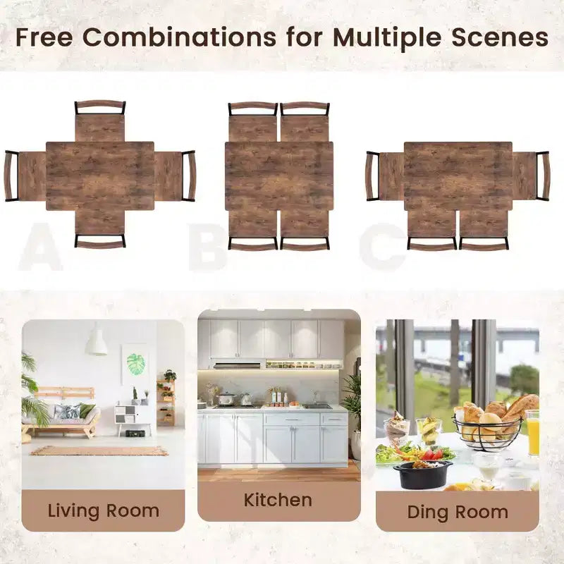 5-Piece Industrial Style Dining Table Set for 4 – Gray, Brown or Dark Brown
