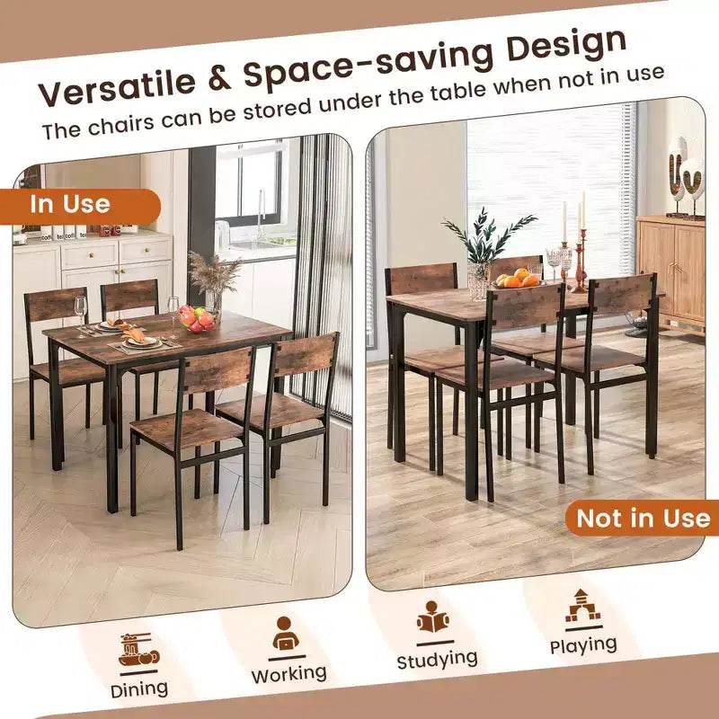 5-Piece Industrial Style Dining Table Set for 4 – Gray, Brown or Dark Brown