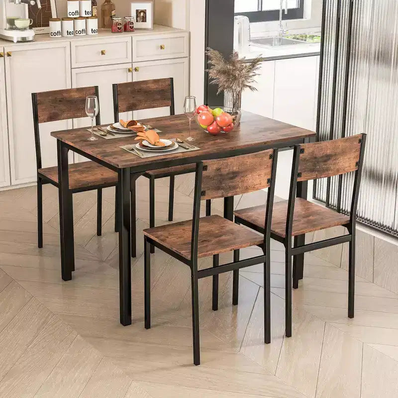 5-Piece Industrial Style Dining Table Set for 4 – Gray, Brown or Dark Brown