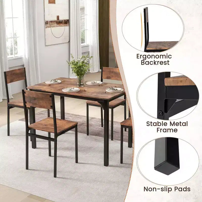5-Piece Industrial Style Dining Table Set for 4 – Gray, Brown or Dark Brown