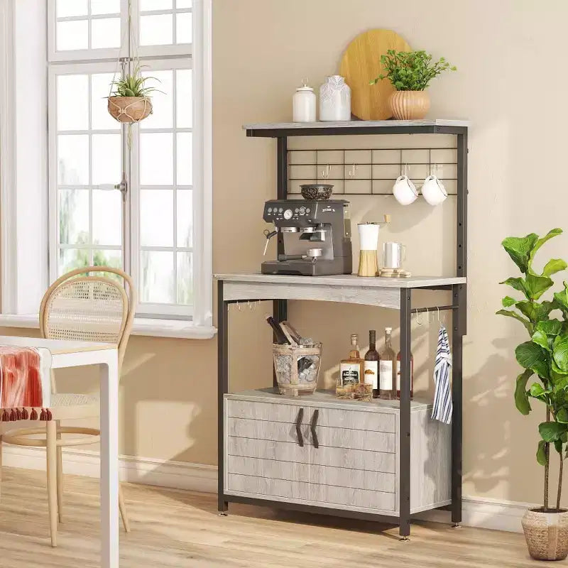 Height-Adjustable Microwave Stand Baker's Rack with Cabinet, Hooks & Wheels