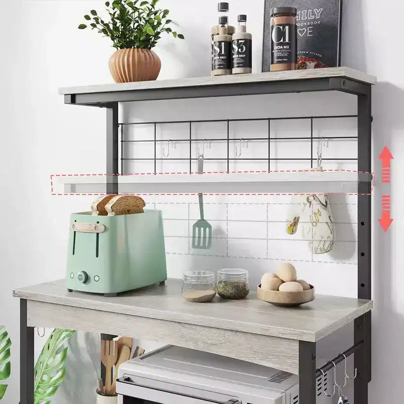 Height-Adjustable Microwave Stand Baker's Rack with Cabinet, Hooks & Wheels