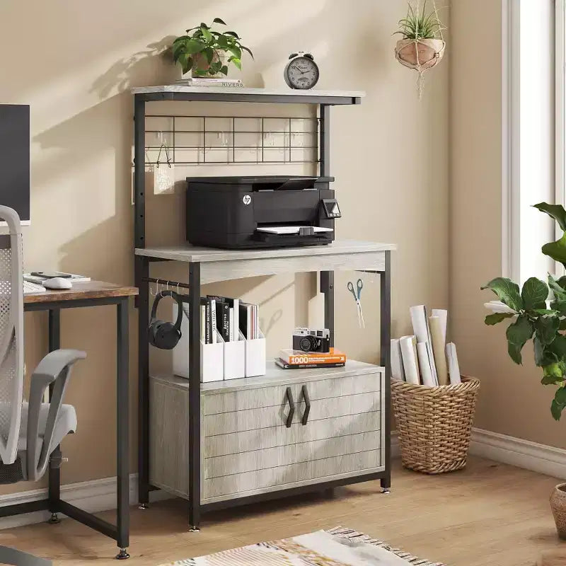 Height-Adjustable Microwave Stand Baker's Rack with Cabinet, Hooks & Wheels