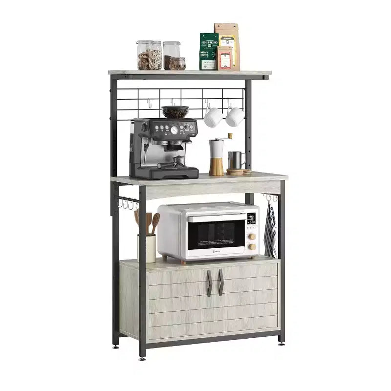 Height-Adjustable Microwave Stand Baker's Rack with Cabinet, Hooks & Wheels