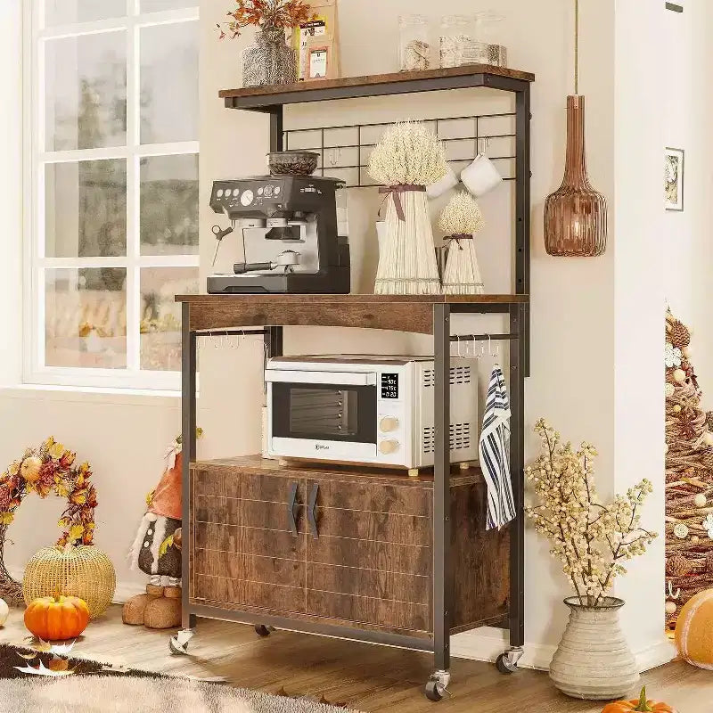 Height-Adjustable Microwave Stand Baker's Rack with Cabinet, Hooks & Wheels
