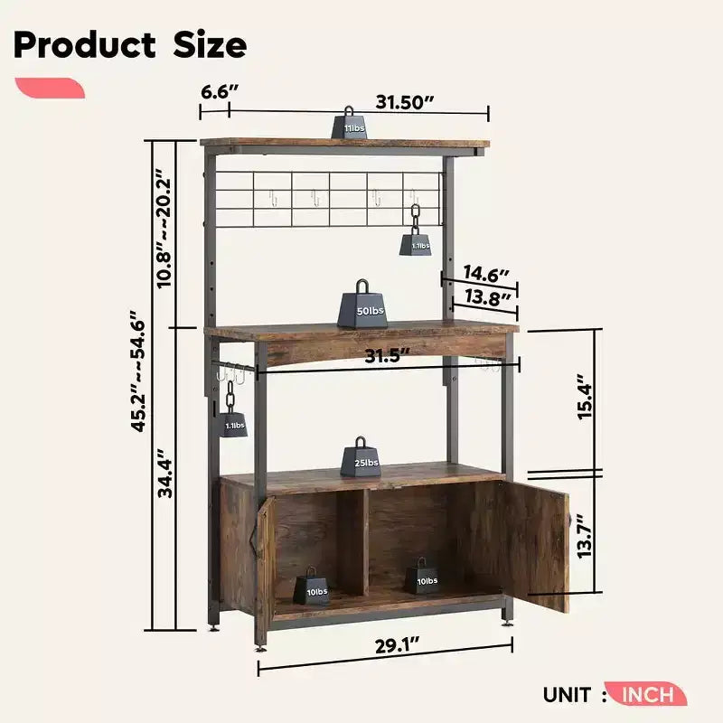 Height-Adjustable Microwave Stand Baker's Rack with Cabinet, Hooks & Wheels