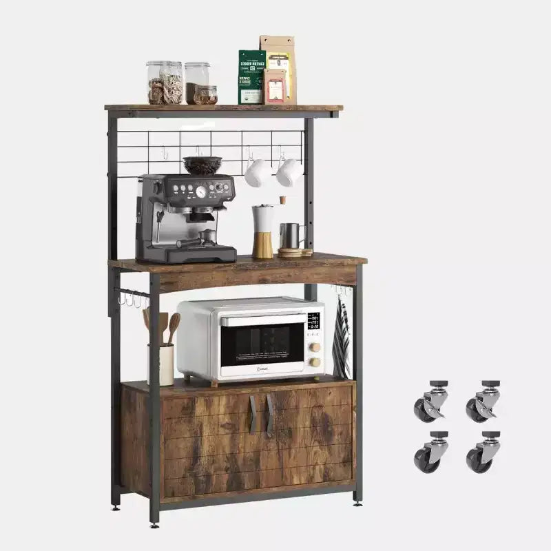 Height-Adjustable Microwave Stand Baker's Rack with Cabinet, Hooks & Wheels