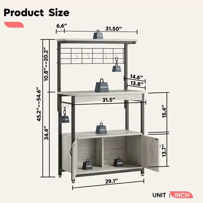 Height-Adjustable Microwave Stand Baker's Rack with Cabinet, Hooks & Wheels
