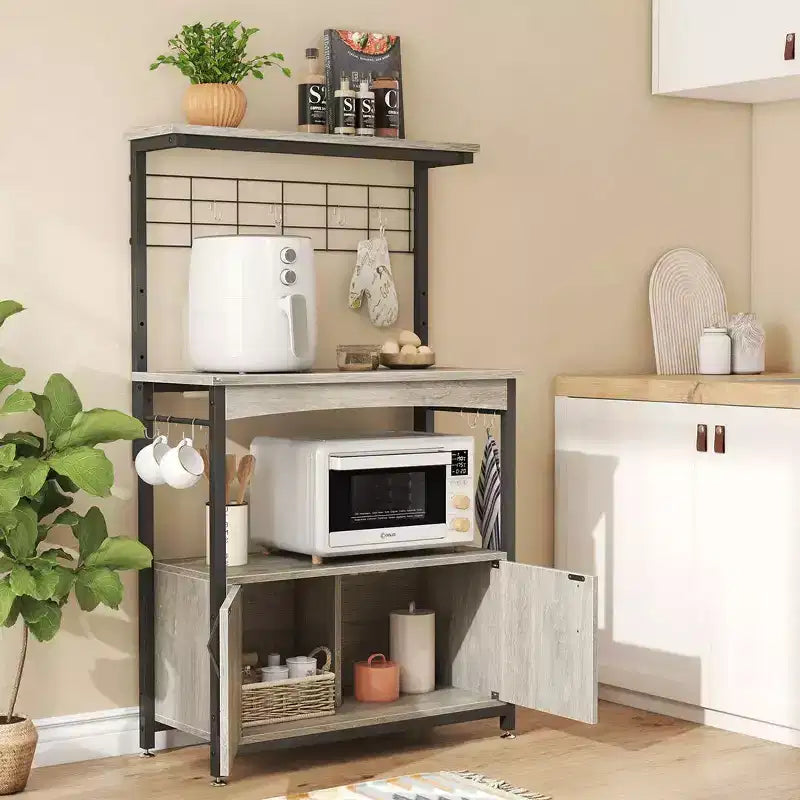 Height-Adjustable Microwave Stand Baker's Rack with Cabinet, Hooks & Wheels