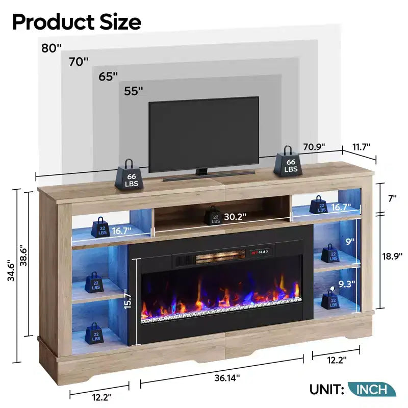 Tall Fireplace TV Stand with 36" Electric Fireplace & RGB LED Lights for TVs Up to 80"