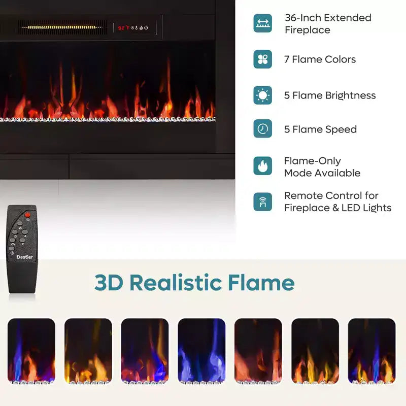Tall Fireplace TV Stand with 36" Electric Fireplace & RGB LED Lights for TVs Up to 80"