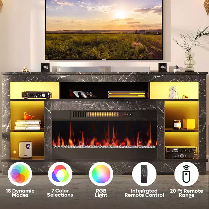 Tall Fireplace TV Stand with 36" Electric Fireplace & RGB LED Lights for TVs Up to 80"