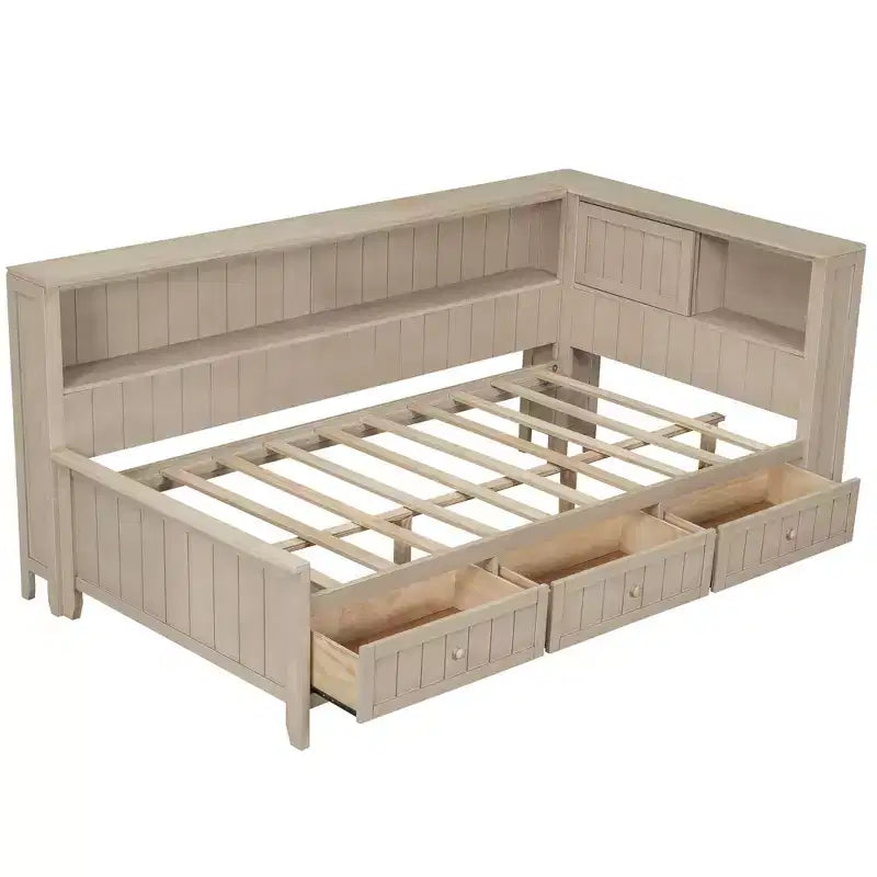 Twin Size Wood Daybed with Storage Shelves & 3 Drawers