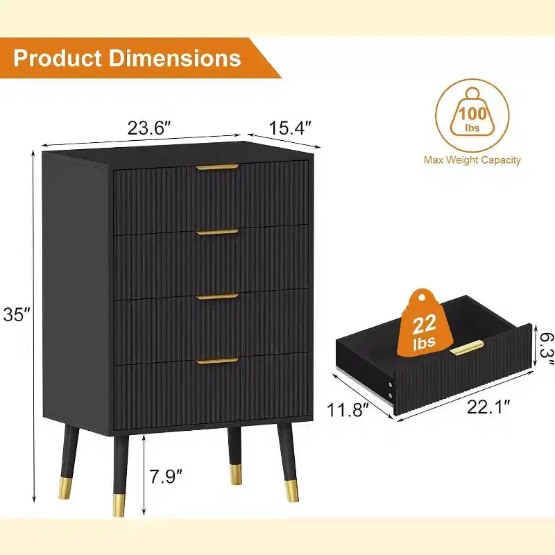 4 Drawer Dresser for Bedroom, Modern Closet Dressers Chest of Drawers, Storage Chest Cabinet Organizer Unit, Small Fluted Nightstand for Bedroom