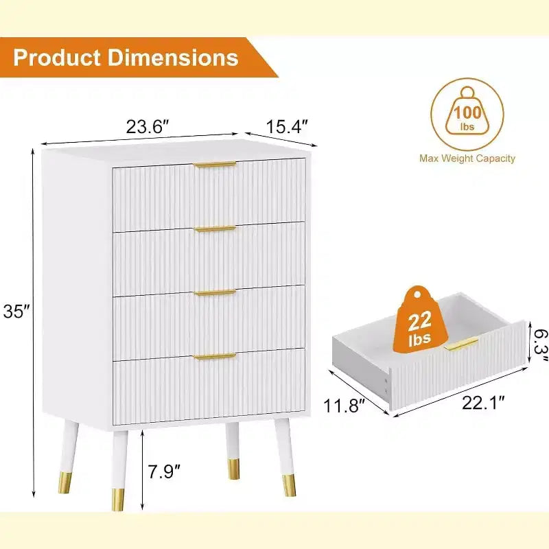 4 Drawer Dresser for Bedroom, Modern Closet Dressers Chest of Drawers, Storage Chest Cabinet Organizer Unit, Small Fluted Nightstand for Bedroom