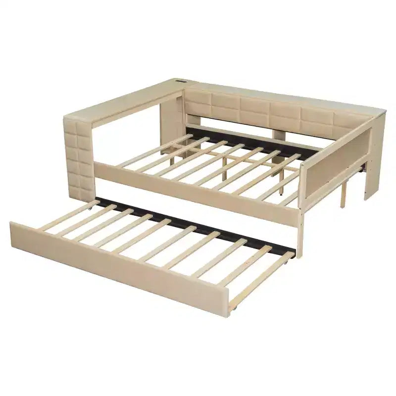 Full Size Platform Bed with Storage Shelves and Desk, Upholstered Sofa Daybed with Trundle and Charging Station