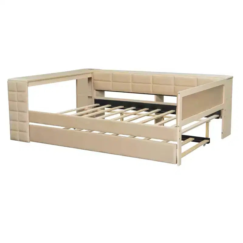 Full Size Platform Bed with Storage Shelves and Desk, Upholstered Sofa Daybed with Trundle and Charging Station
