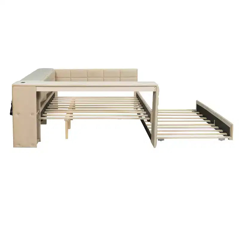 Full Size Platform Bed with Storage Shelves and Desk, Upholstered Sofa Daybed with Trundle and Charging Station