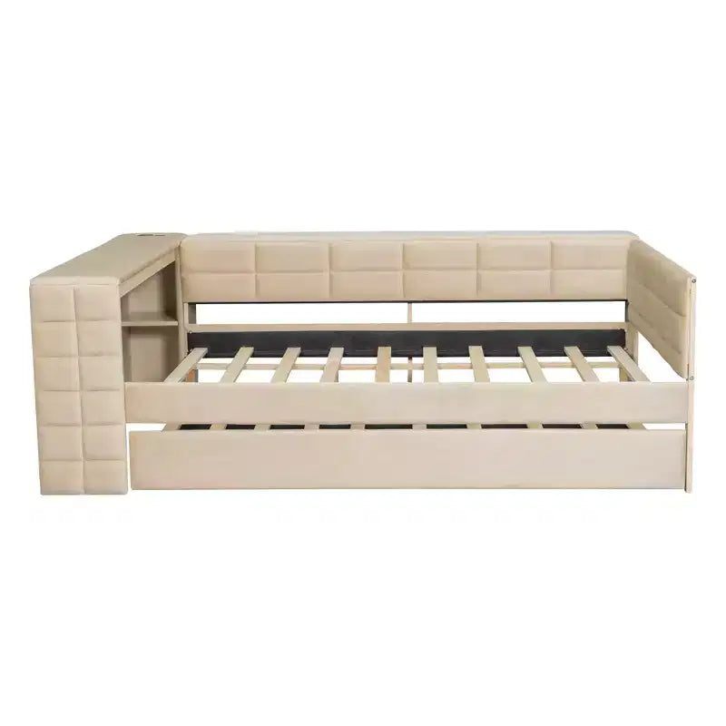 Full Size Platform Bed with Storage Shelves and Desk, Upholstered Sofa Daybed with Trundle and Charging Station