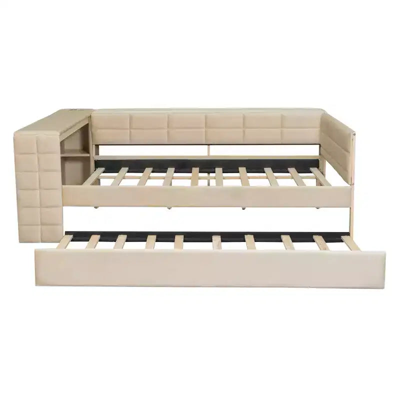Full Size Platform Bed with Storage Shelves and Desk, Upholstered Sofa Daybed with Trundle and Charging Station