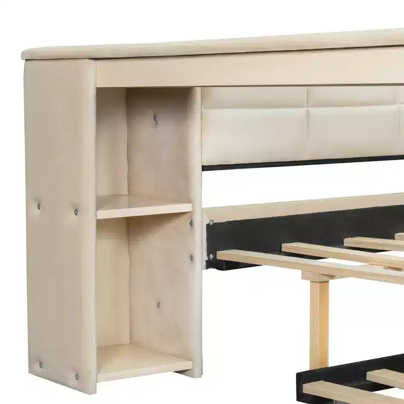Full Size Platform Bed with Storage Shelves and Desk, Upholstered Sofa Daybed with Trundle and Charging Station