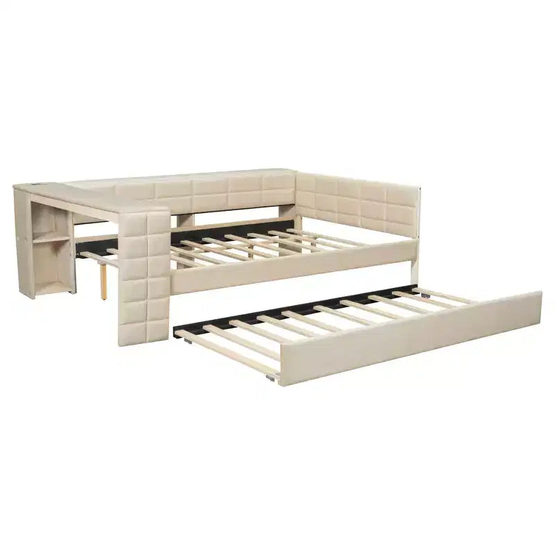 Full Size Platform Bed with Storage Shelves and Desk, Upholstered Sofa Daybed with Trundle and Charging Station