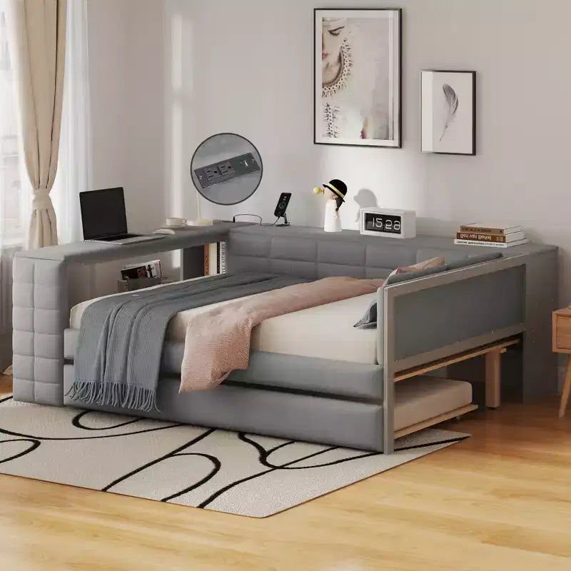 Full Size Platform Bed with Storage Shelves and Desk, Upholstered Sofa Daybed with Trundle and Charging Station