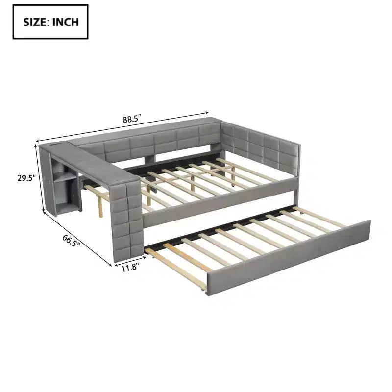 Full Size Platform Bed with Storage Shelves and Desk, Upholstered Sofa Daybed with Trundle and Charging Station