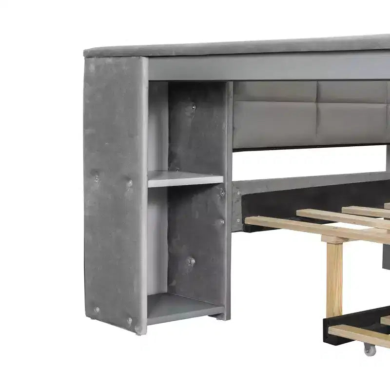 Full Size Platform Bed with Storage Shelves and Desk, Upholstered Sofa Daybed with Trundle and Charging Station