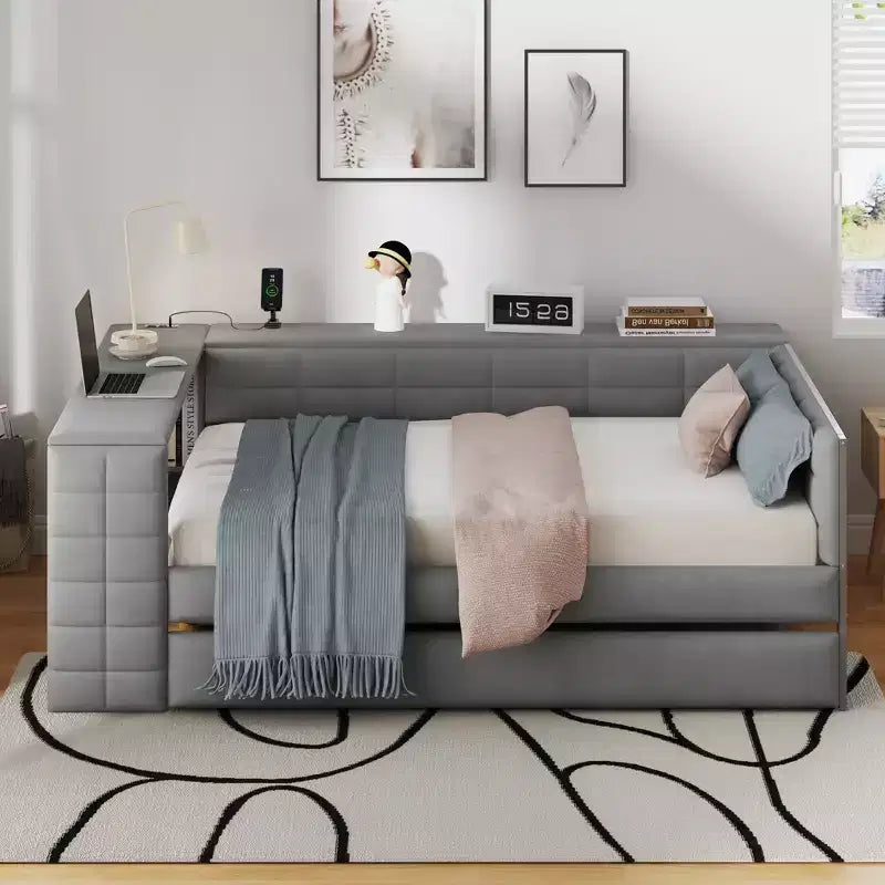 Full Size Platform Bed with Storage Shelves and Desk, Upholstered Sofa Daybed with Trundle and Charging Station
