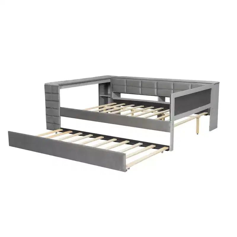 Full Size Platform Bed with Storage Shelves and Desk, Upholstered Sofa Daybed with Trundle and Charging Station