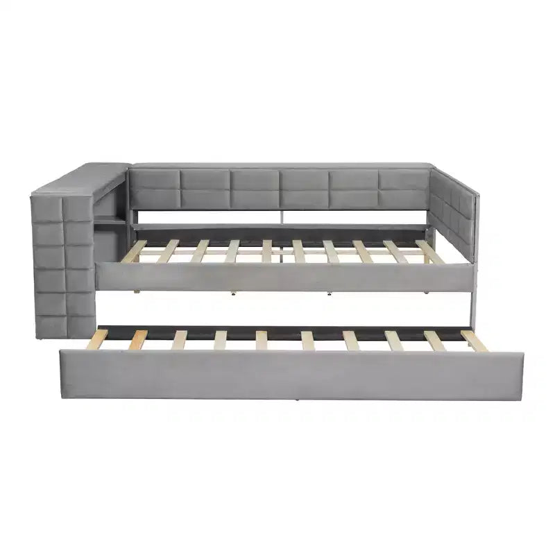 Full Size Platform Bed with Storage Shelves and Desk, Upholstered Sofa Daybed with Trundle and Charging Station