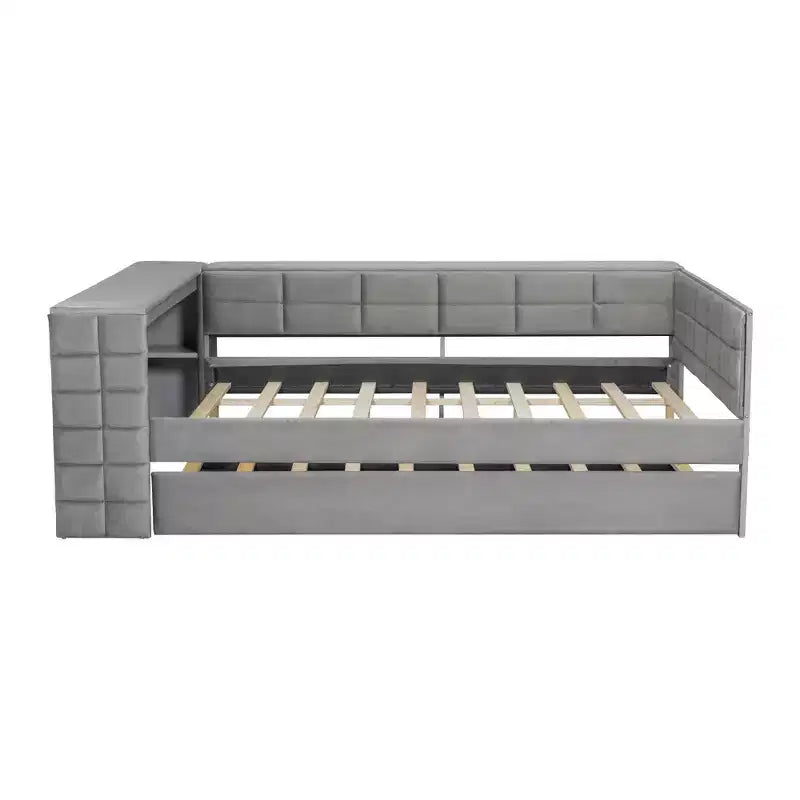 Full Size Platform Bed with Storage Shelves and Desk, Upholstered Sofa Daybed with Trundle and Charging Station