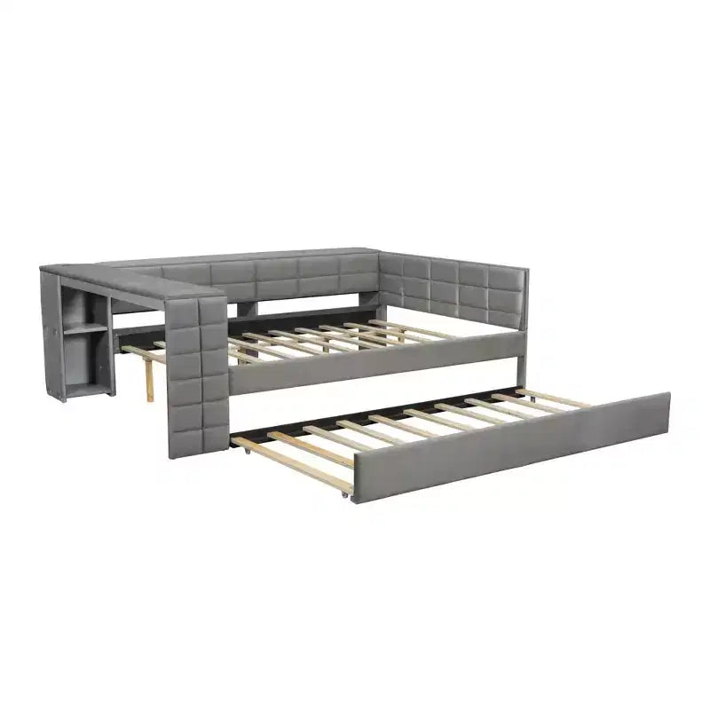 Full Size Platform Bed with Storage Shelves and Desk, Upholstered Sofa Daybed with Trundle and Charging Station