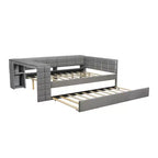 Letto a piattaforma full size con mensole portaoggetti e scrivania, divano letto imbottito con letto estraibile e stazione di ricarica